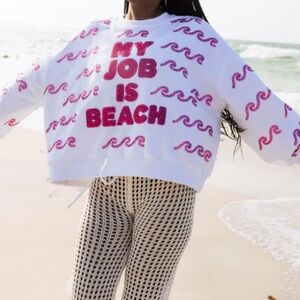 QUEEN OF SPARKLES My Job is Beach White Sweatshirt with Pink Accents